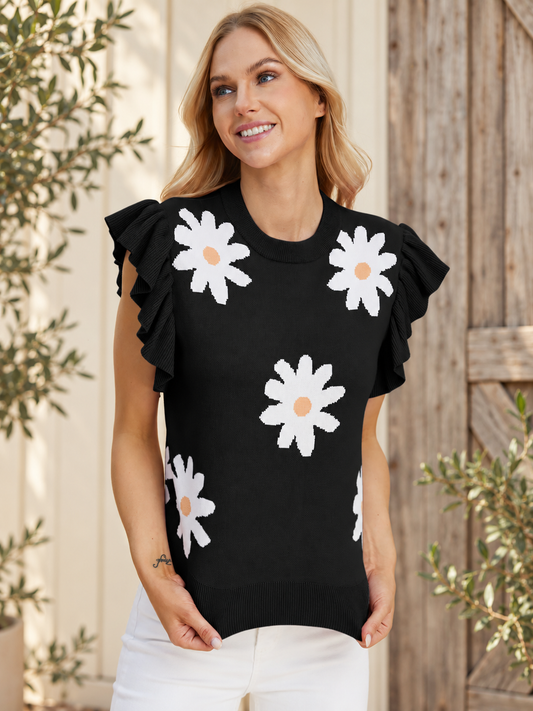 The Dahlia Floral Ruffle Cap-Sleeve Sweater — Sparrow & Hearth rustic product photography