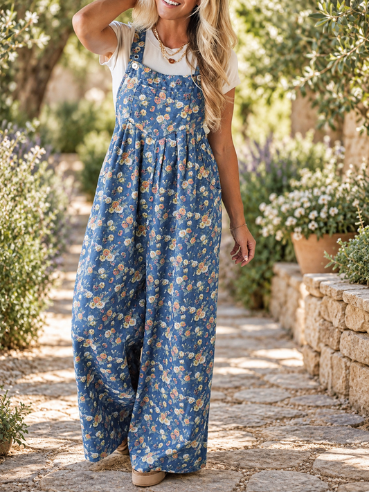 The Flora Floral Wide-Leg Denim Overalls — Sparrow & Hearth rustic product photography