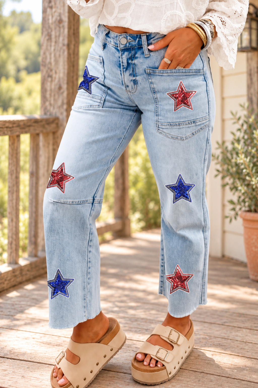 The Nightfall Star-Embellished Cropped Jeans styled on a rustic farmhouse porch