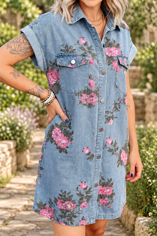 The Adelaide Floral Denim Shirt Dress — Sparrow & Hearth rustic product photography