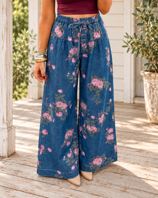 The Briar Rose Floral Wide-Leg Jeans — Sparrow & Hearth rustic product photography