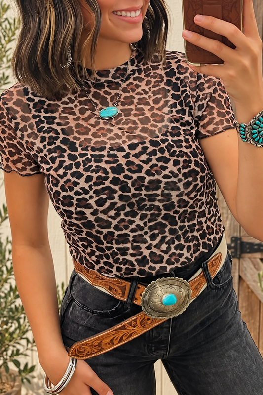 The Sloane Leopard Sheer Mesh Short-Sleeve Top — Sparrow & Hearth rustic product photography