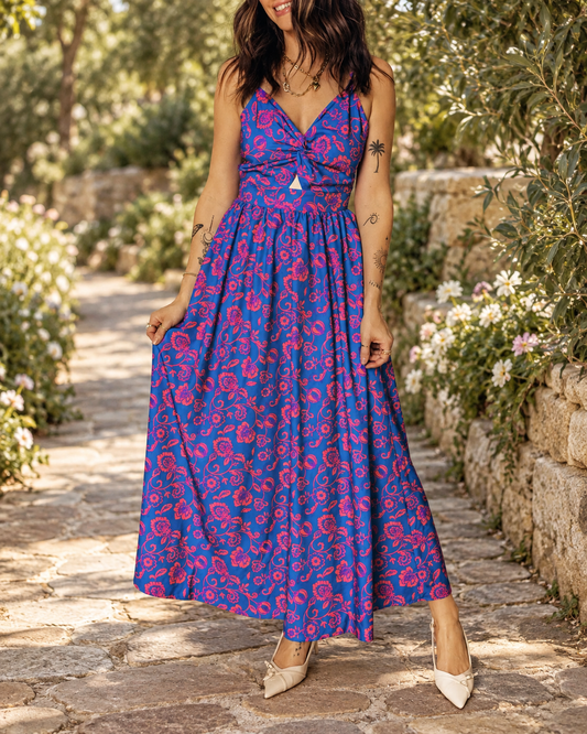The Seraphina Floral Twist-Neck Backless Maxi Dress — Sparrow & Hearth rustic product photography