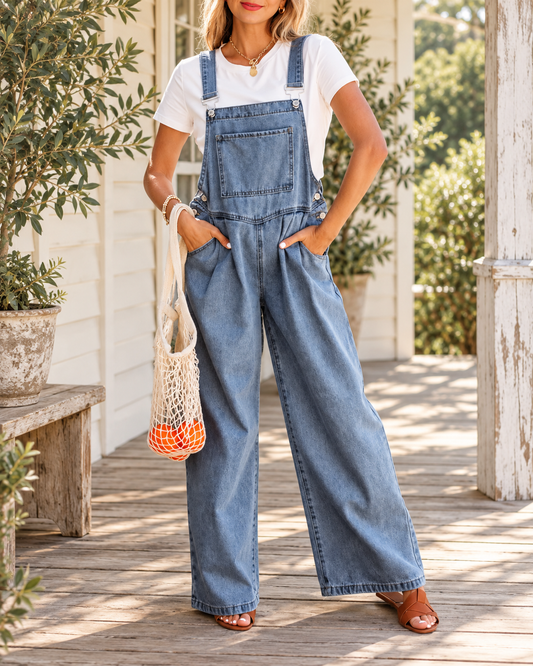 The Parker Pleated Wide-Leg Denim Jumpsuit — Sparrow & Hearth rustic product photography