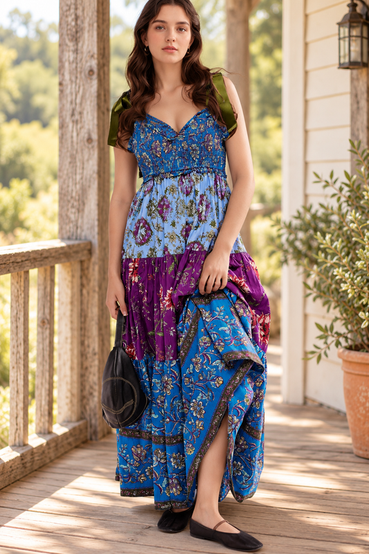 The Botanical Mixed Floral Tiered Maxi Dress styled on a rustic farmhouse porch