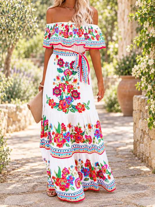 The Clementine Off-Shoulder Floral Ruffle Maxi Dress — Sparrow & Hearth rustic product photography