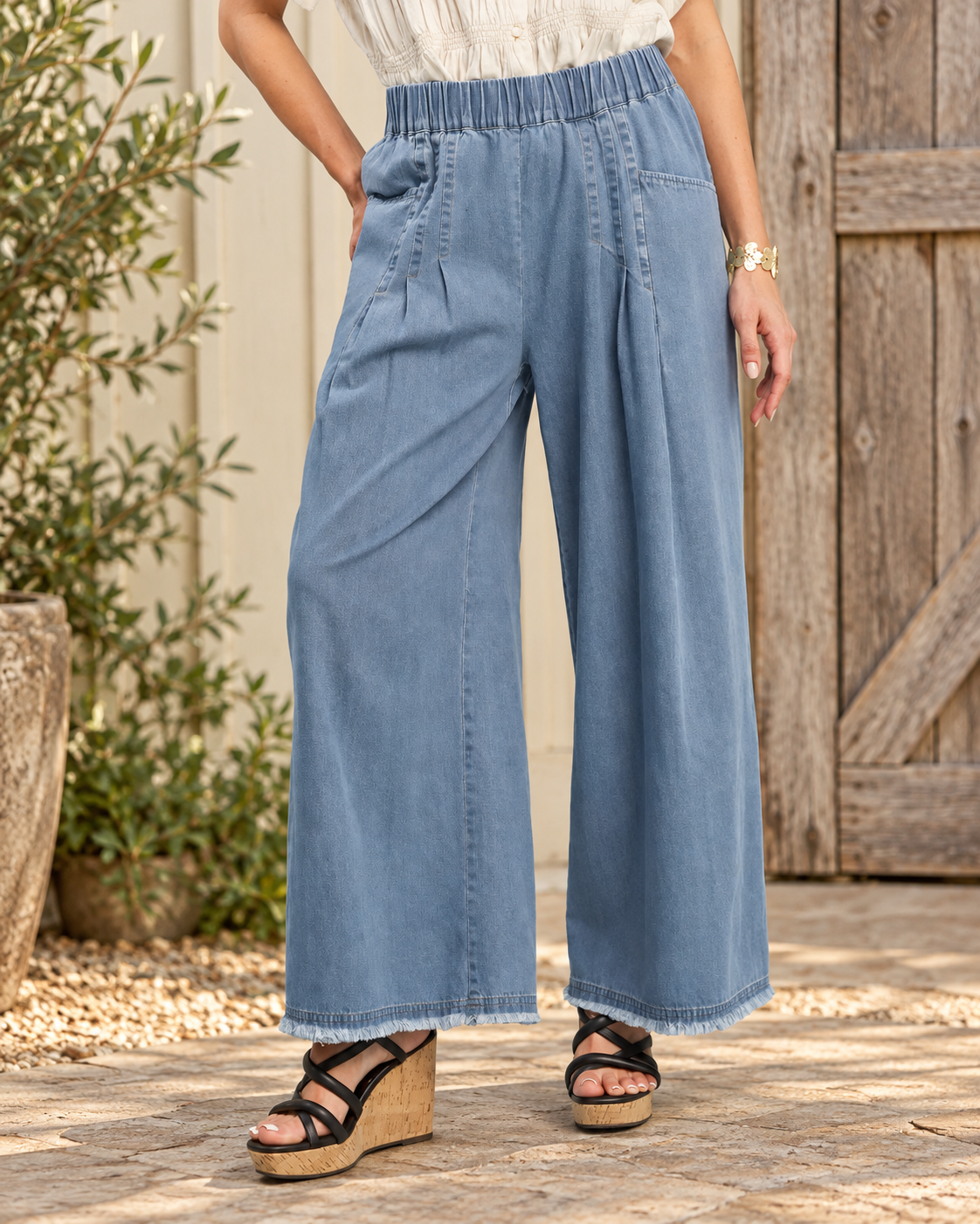 The Riverstone Washed Wide-Leg Pants — Sparrow & Hearth rustic product photography