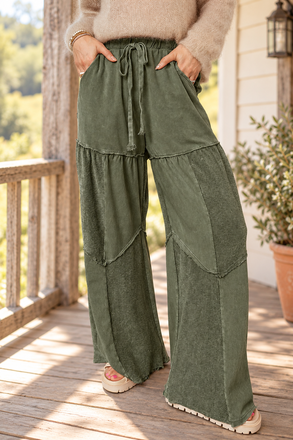 The Bohemian Tiered Pants styled on a rustic farmhouse porch