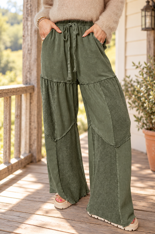 The Bohemian Tiered Pants styled on a rustic farmhouse porch