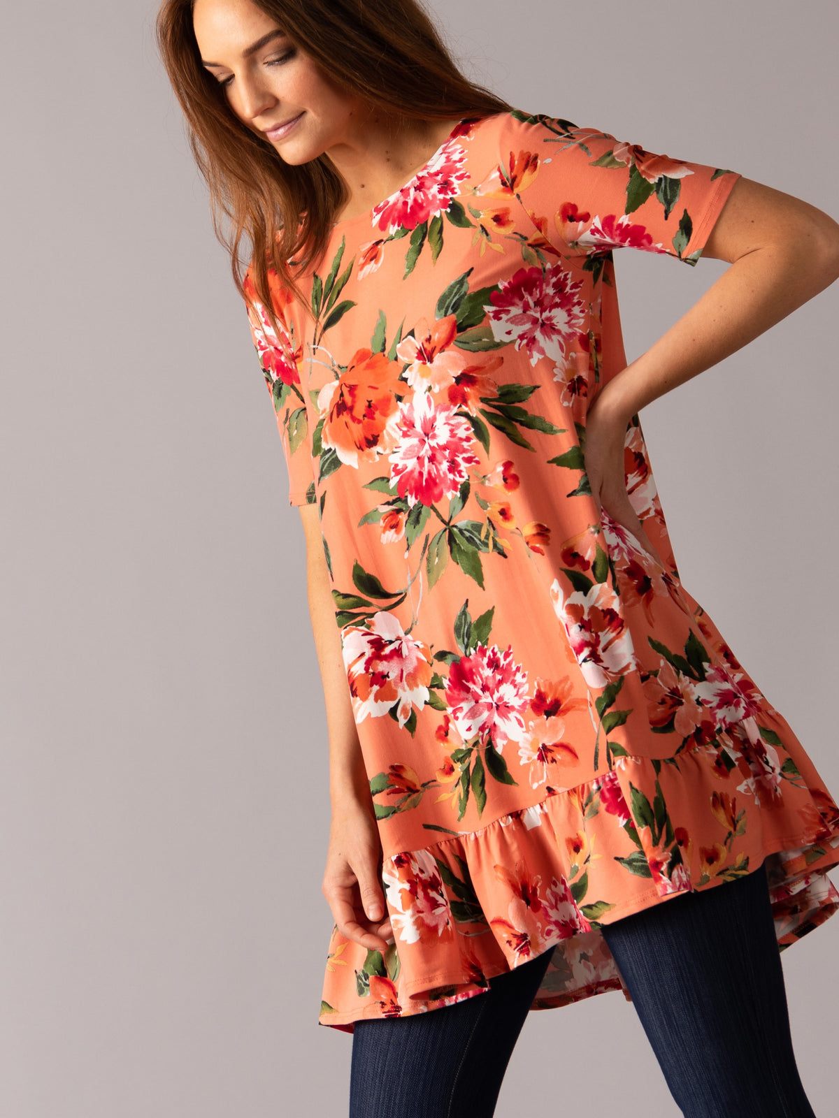 Meadow Walk Ruffle Tunic Coral Rust Floral