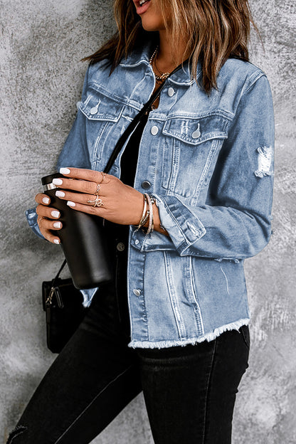 The Willa Distressed Raw-Hem Denim Jacket