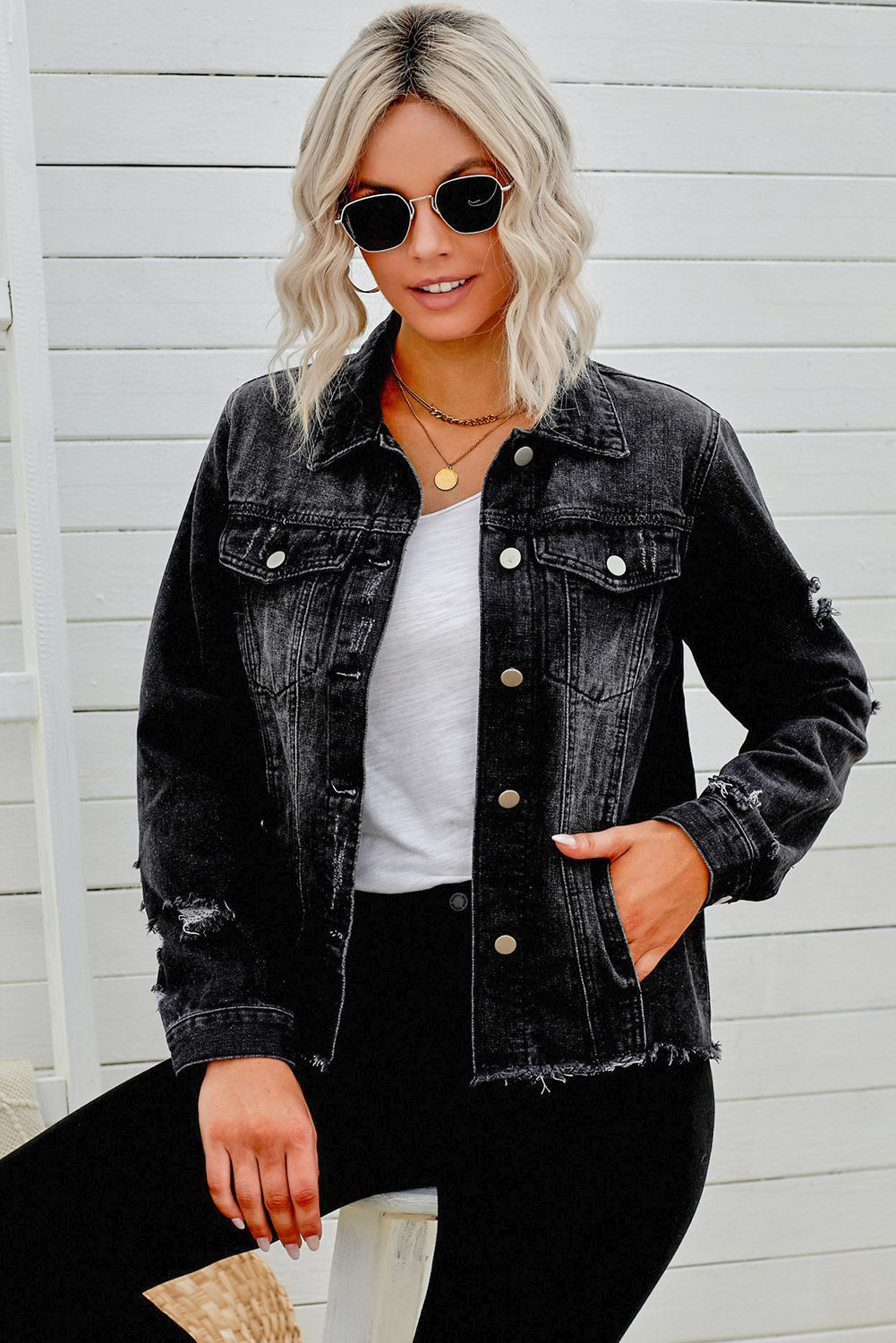 The Willa Distressed Raw-Hem Denim Jacket