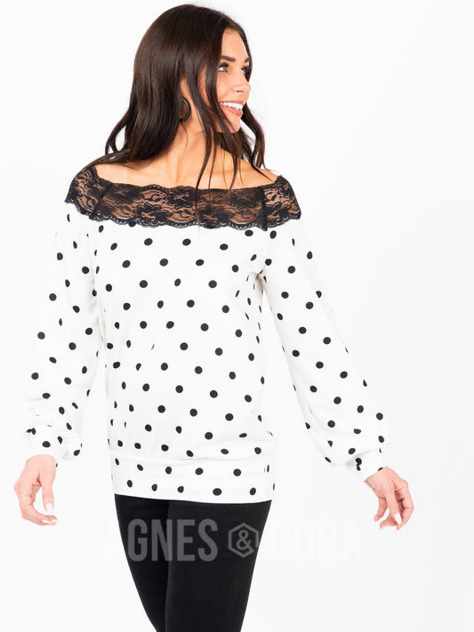 Heirloom Off The Shoulder Lace Top Ivory Black Dot