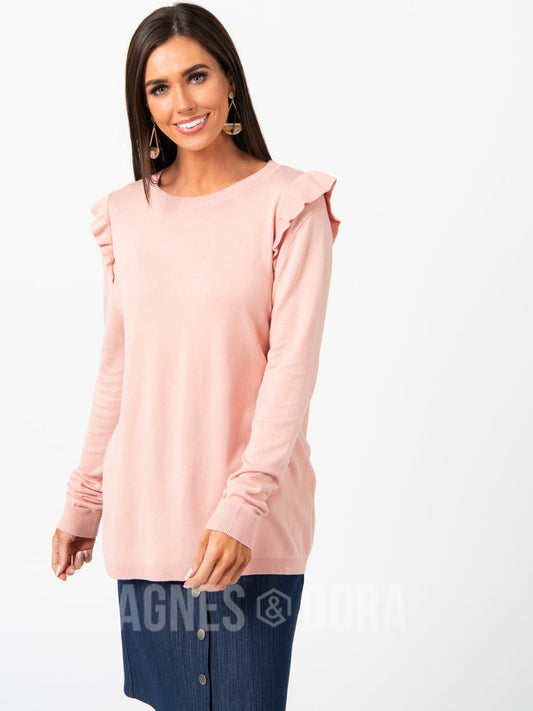 Hearthside Sweater Ruffle Shoulder Rose Gold
