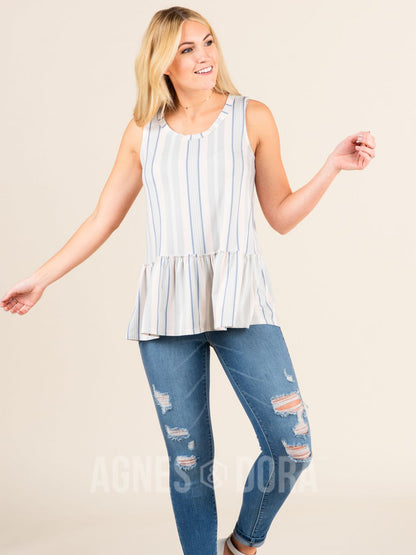 Easy Days Relaxed Ruffle Tank Blue/Grey/Blush Stripe