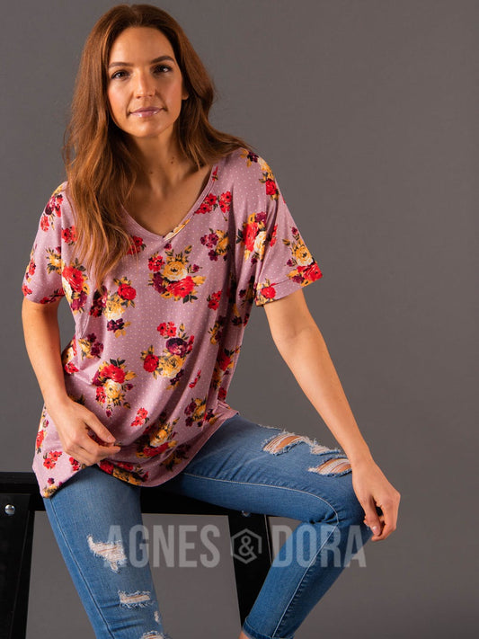 Heartland Top Mauve/Red Floral Dot