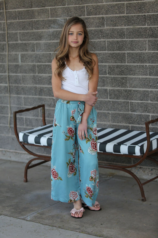 The Little Meadow Aqua Floral Wide-Leg Pants