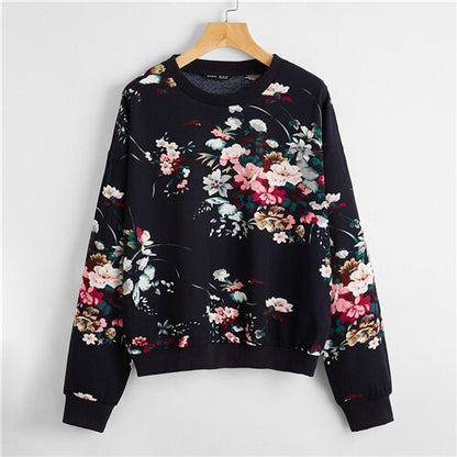 Meadow Walk Navy White Or Black Drop Shoulder Floral Print Pullover Sweatshirt