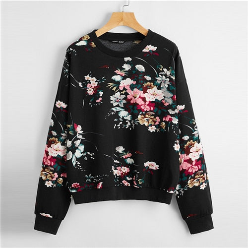 Meadow Walk Navy White Or Black Drop Shoulder Floral Print Pullover Sweatshirt