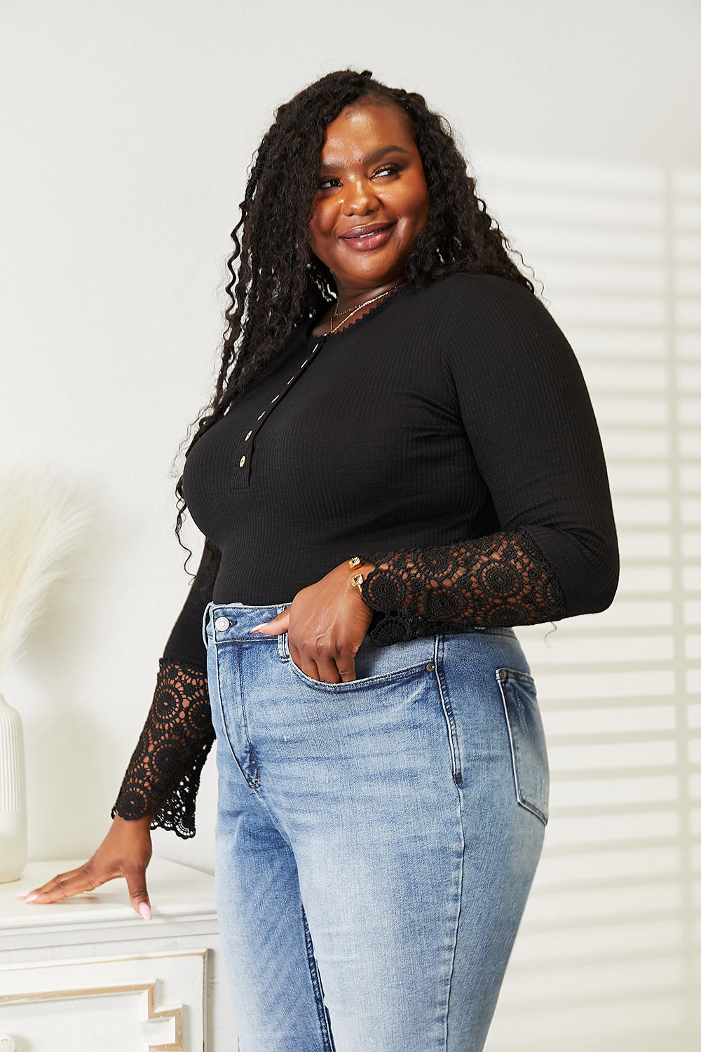 The Lucille Crochet Lace-Hem Button Top