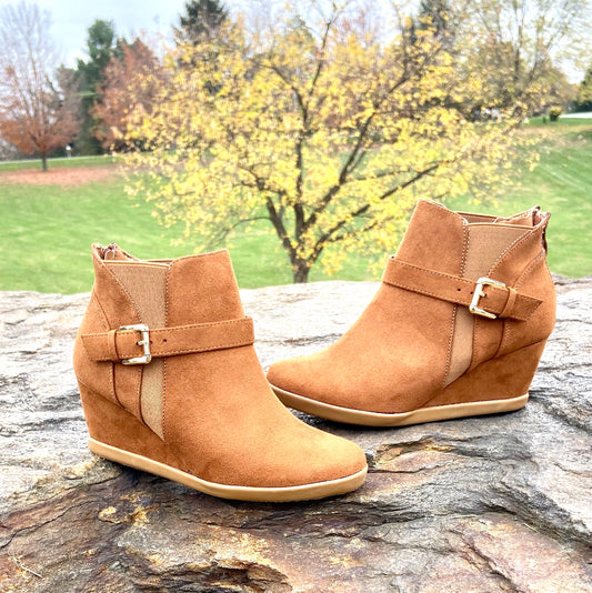 The Cognac Suede Wedge Booties