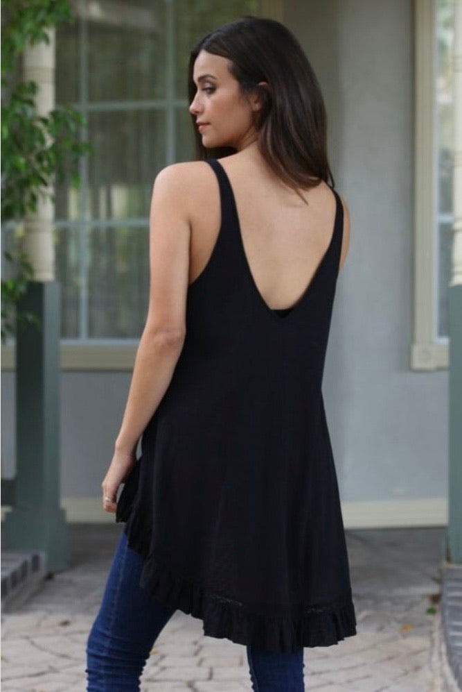 The Nocturne Black Lace-Hem V-Neck Tank