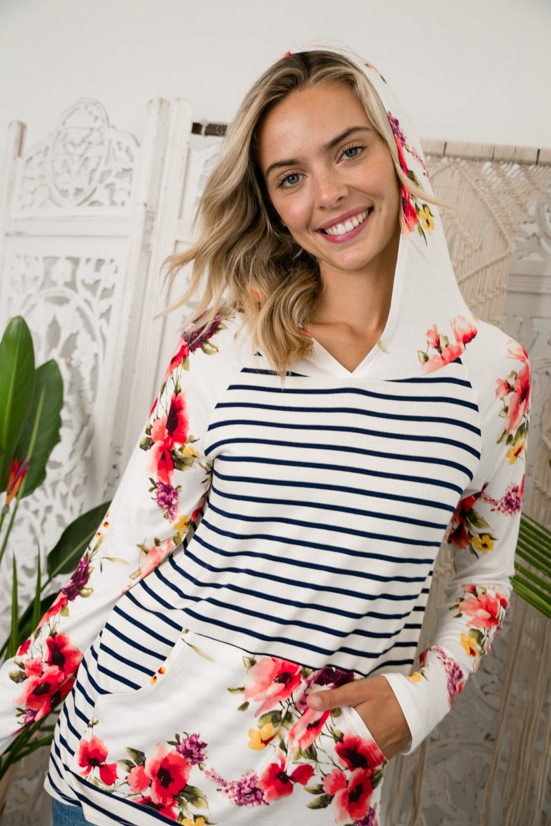 The Willow Bloom Floral-Stripe Hi-Low Hoodie