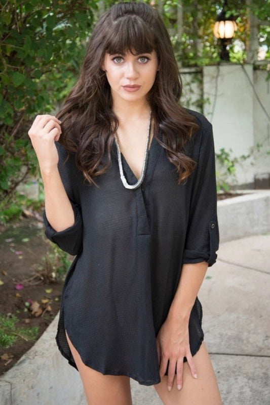 The Piper Black Textured Half-Button Tunic