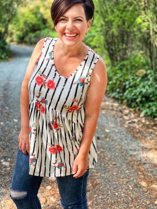 Meadow Walk Muse Tank White/Black Stripe Floral