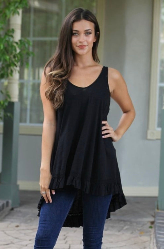 The Nocturne Black Lace-Hem V-Neck Tank