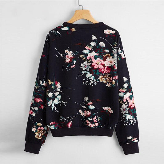 Meadow Walk Navy White Or Black Drop Shoulder Floral Print Pullover Sweatshirt