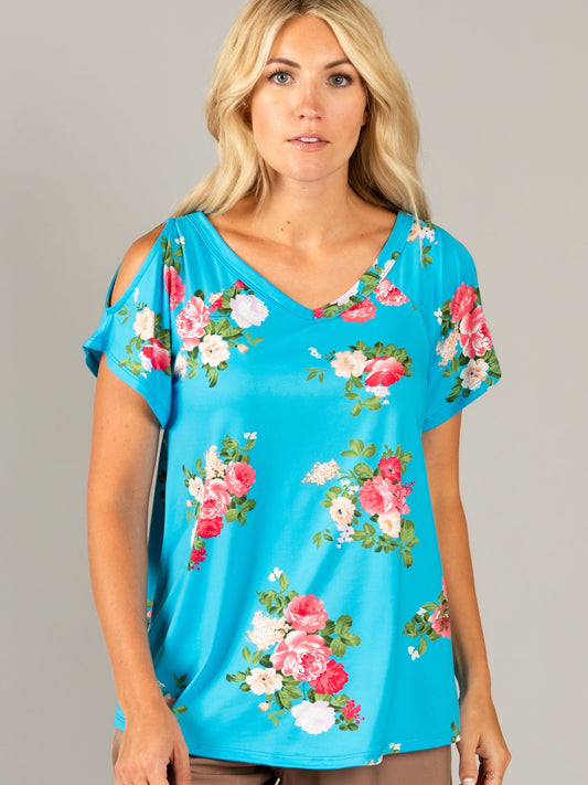 Heartland Top Cold Shoulder Aqua/Pink Floral