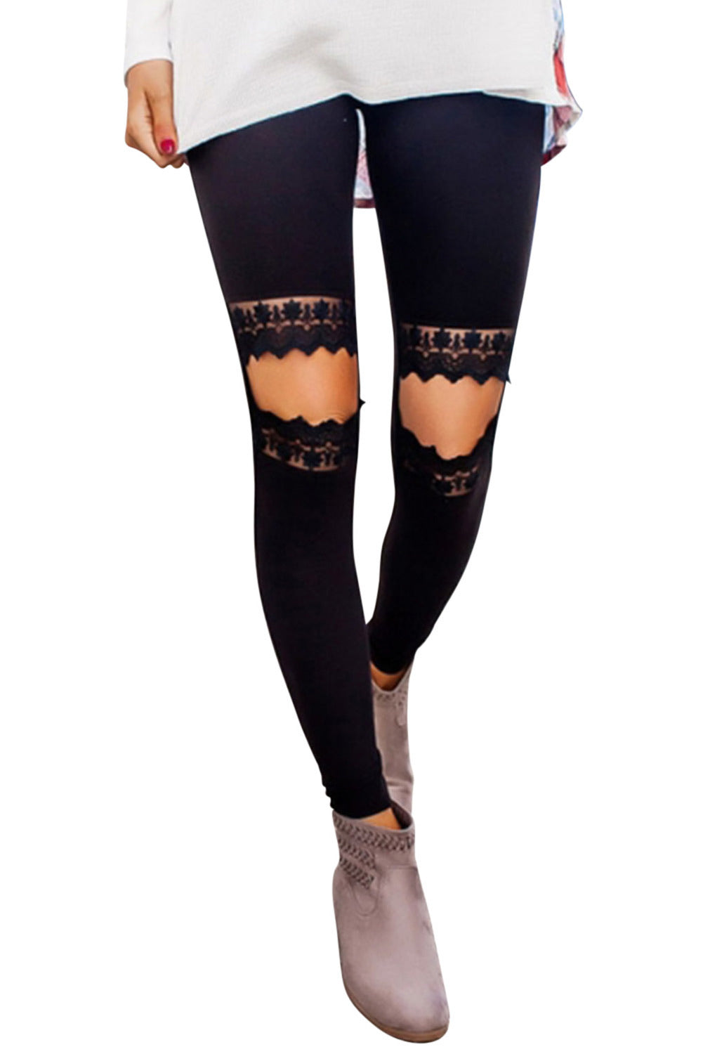 The Elowen Lace-Knee Distressed Leggings