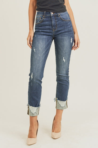 The Sutton RISEN Frayed-Cuff Ankle Straight Jeans
