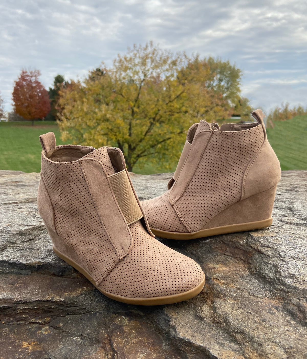 The Taupe Suede Wedge Booties