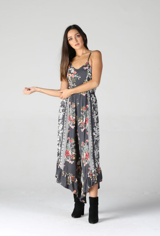 The Juniper Charcoal Floral Ruffle-Leg Jumpsuit