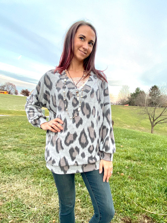 The Raven Leopard Cashmere-Feel V-Neck Top