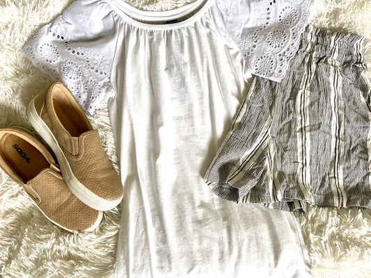 The Sandbar Khaki-Stripe Shirred-Waist Shorts