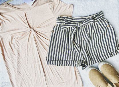 The Driftwood Light-Grey Stripe Tie-Waist Shorts