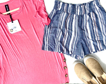 The Ashford Grey-Stripe Shirred-Waist Shorts