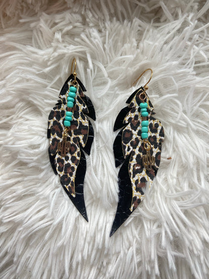 The Turquoise Feather Leopard Layered Earrings