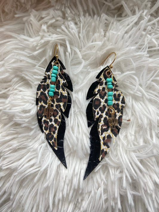 The Turquoise Feather Leopard Layered Earrings