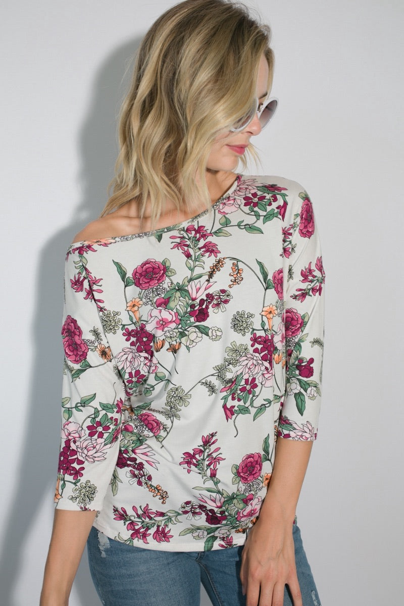 The Camellia Floral One-Shoulder Dolman Top