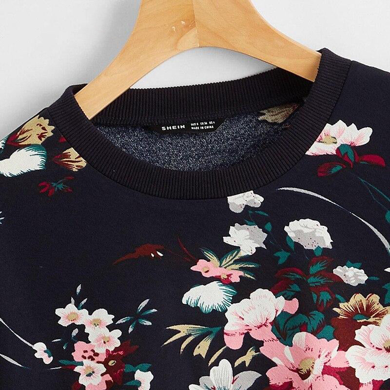Meadow Walk Navy White Or Black Drop Shoulder Floral Print Pullover Sweatshirt