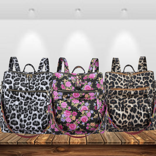 Meadow Walk Leather Backpack Floral Or Leopard With Shoulder Strap