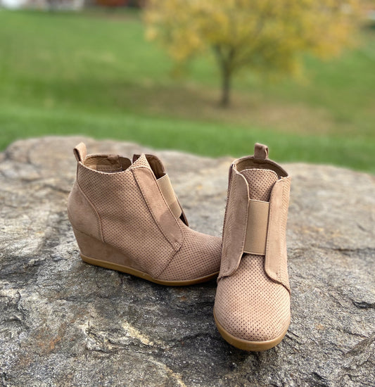 The Taupe Suede Wedge Booties