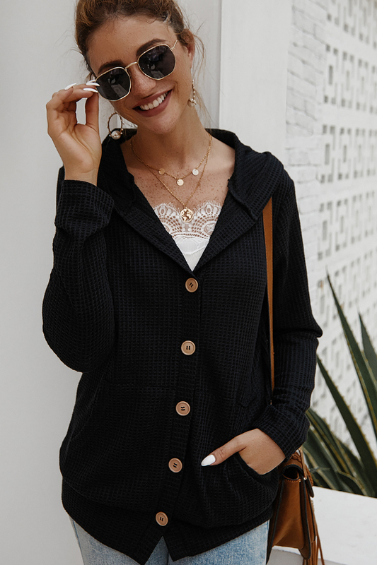 The Midnight Waffle-Knit Hooded Cardigan