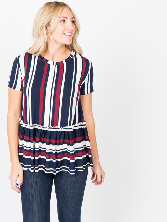 Easy Days Relaxed Ruffle Tee Navy Burgundy Stripe
