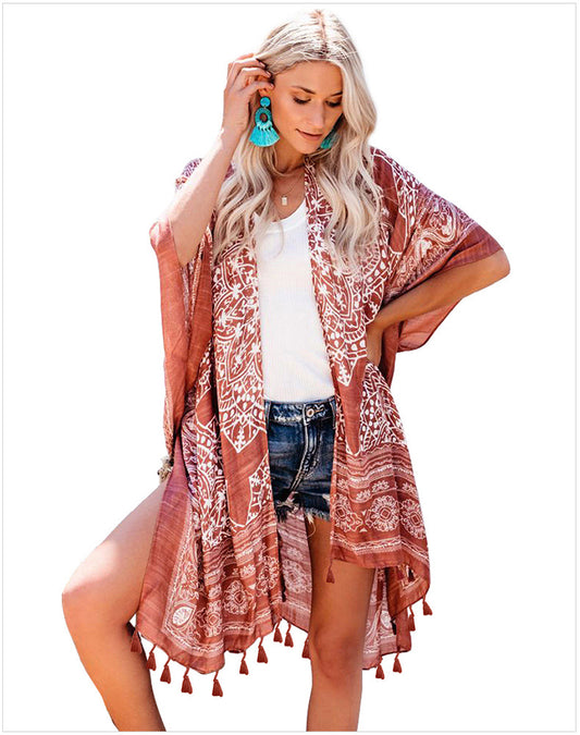 Open Skies Boho Kimono Rust With Poms