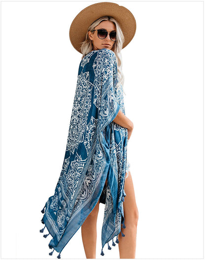 Open Skies Boho Kimono Blue With Poms